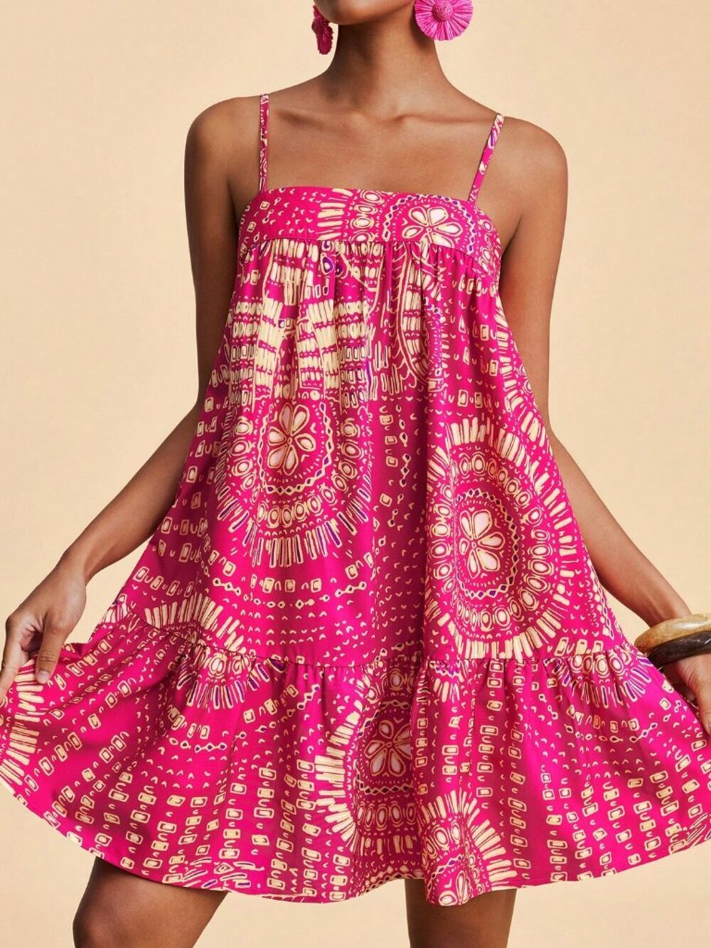 Multicolor Boho Women's Mini Dress Allover Print, Casual Vacation Beach Outfit - Picture 1 of 7
